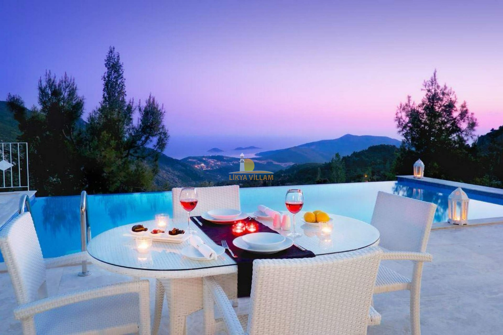 Villa in Kalkan mit Meerblick, privater Pool, 1 Schlafzimmer, 1 Bad, Poolterrasse, ideal für 2 Personen